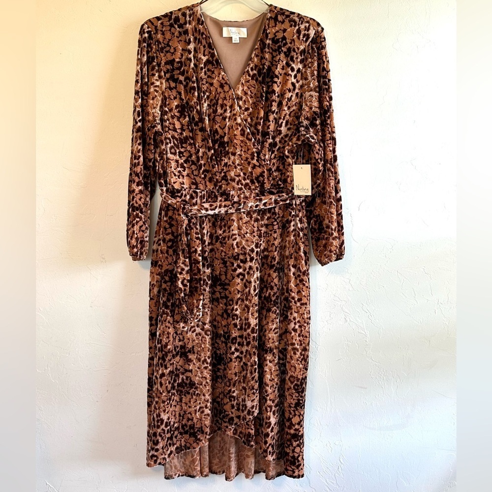 NWT Nurture Animal Print Black/Brown Velvet Elegant Wrap Belted Midi Dress Sz 2X